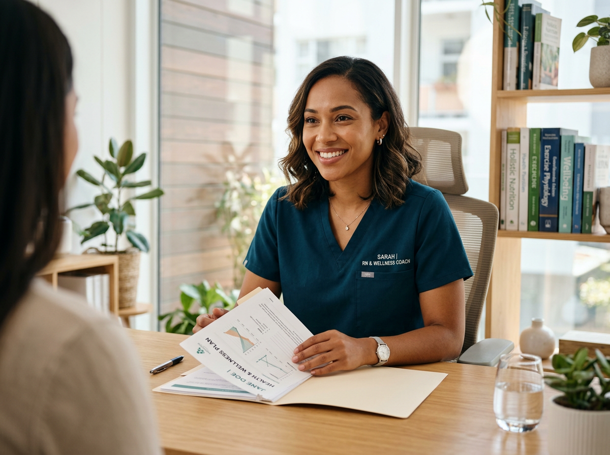 Fit-Nurse coach during a compassionate consultation